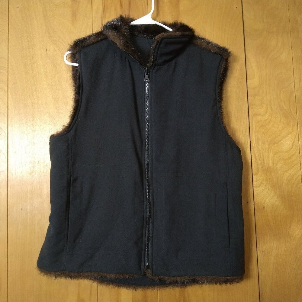 HALEY Reversible Brown/Black Faux Fur Jacket Vest Zip Front Size Medium